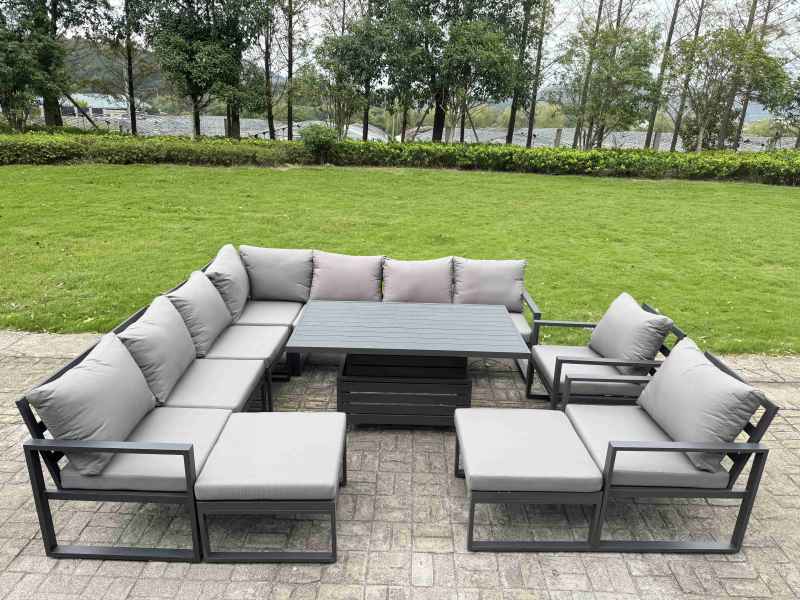 Fimous 10 Seater Aluminium Sofa Set 9 Pieces Outdoor Garden Furniture - Rising Dining Table with Cushions 2 Big Footstools Dark Grey