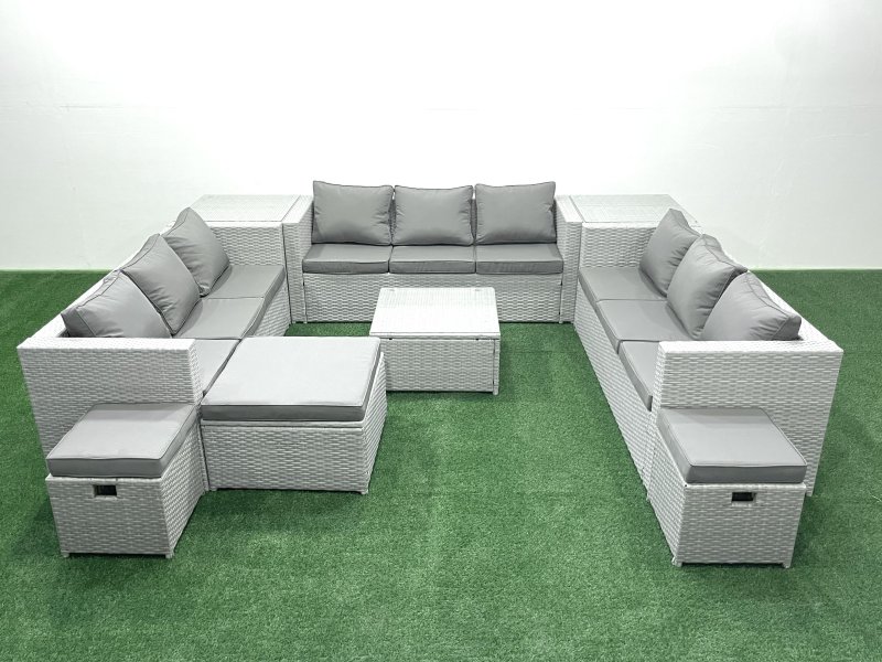Fimous Rattan Garden Outdoor Furniture Set 12 Seater Rattan Garden Sofa Set with 3 Footstools 2 Side Tables Light Grey Mixed