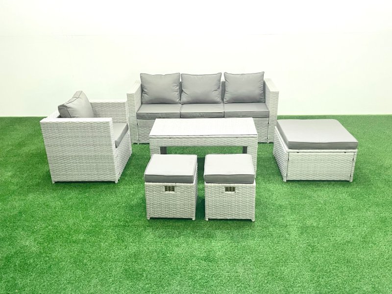 Fimous Rattan Garden Furniture Set 6 Pieces Outdoor Garden Sofa Oblong Coffee Table Set with Chair 3 Footstools Light Grey Mixed