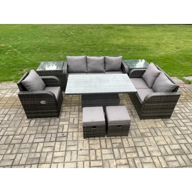 Fimous Rattan Outdoor Furniture Garden Dining Set Patio Height Adjustable Rising lifting Table Reclining Chair Sofa With 2 Side Tables 2 Small Footstools Dark Grey Mixed