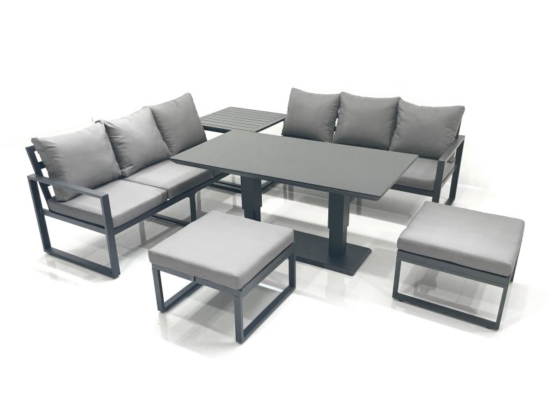 Fimous 8 Seater Aluminium Outdoor Garden Furniture Set with Adjustable Rising Lifting Dining Table 3 Seater Sofa 2 Big Footstool Side Table Dark Grey