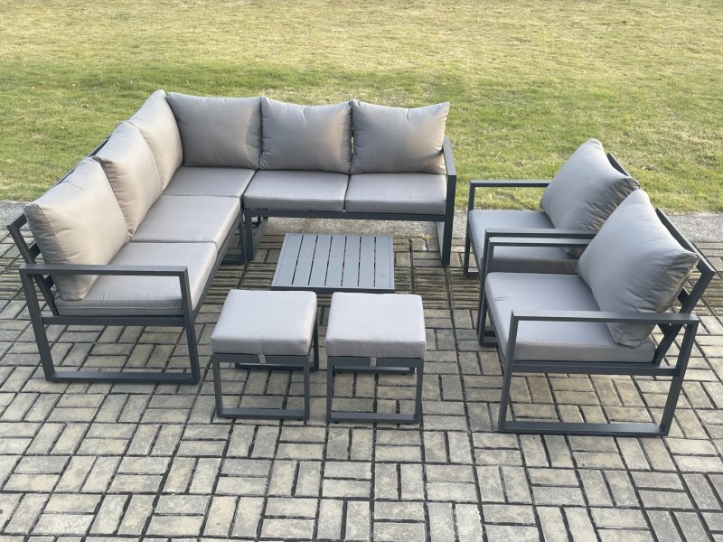 Fimous 9 Seater Outdoor Aluminium Garden Furniture Set Corner Lounge Sofa Set with Square Coffee Table 2 Small Footstools Dark Grey