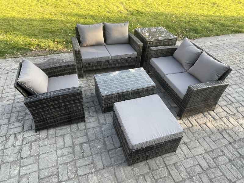 Fimous Wicker Rattan Garden Furniture Sofa Set with Rectangular Coffee Table Double Seat Sofa Chair Big Footstool Side Table 6 Seater Outdoor Rattan Set Dark Grey Mixed