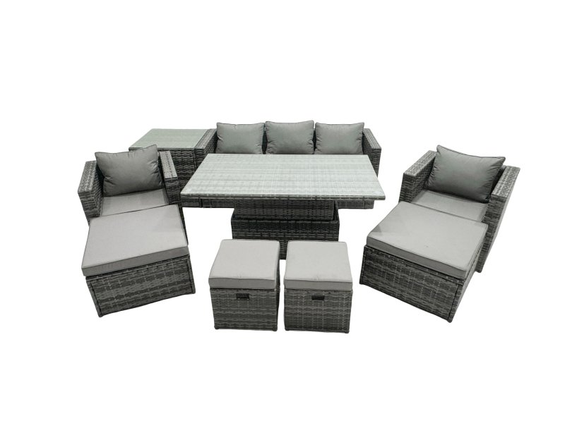 Fimous PE Rattan Garden Furniture Set Lounge Sofa Rising Dining Table Set with Side Table 4 Footstool Dark Grey Mixed