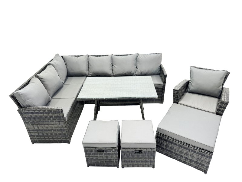 Fimous 10 Seat Poly Rattan Outdoor Patio Oblong Dining Table Corner Sofa Set with 3 Stool Chair for Garden Backyard Dark Grey Mixed