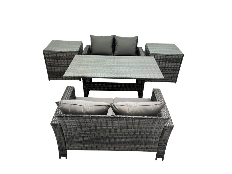 Fimous 4 Seater Wicker PE Rattan Furniture Outdoor Dining Table Double Seat Sofa 2 Side Table Set Dark Grey Mixed