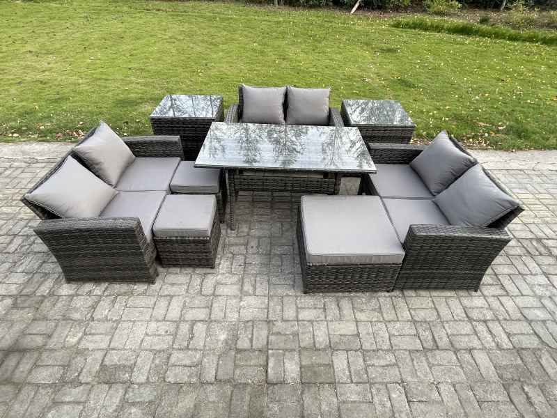 Fimous 9 Seater Wicker PE Rattan Garden Furniture Sets Outdoor Lounge Sofa Set with Oblong Dining Table Double Seat Sofa 3 Footstools 2 Side Tables Dark Grey Mixed