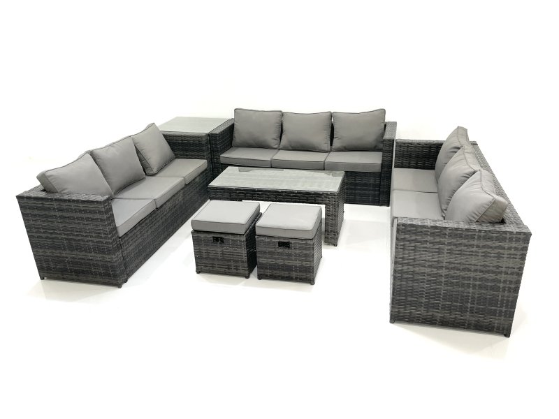 Fimous Outdoor Garden Furniture Set 11 Seater Rattan Sofa Set with Coffee Table 2 Small Footstools Side Table Dark Grey Mixed