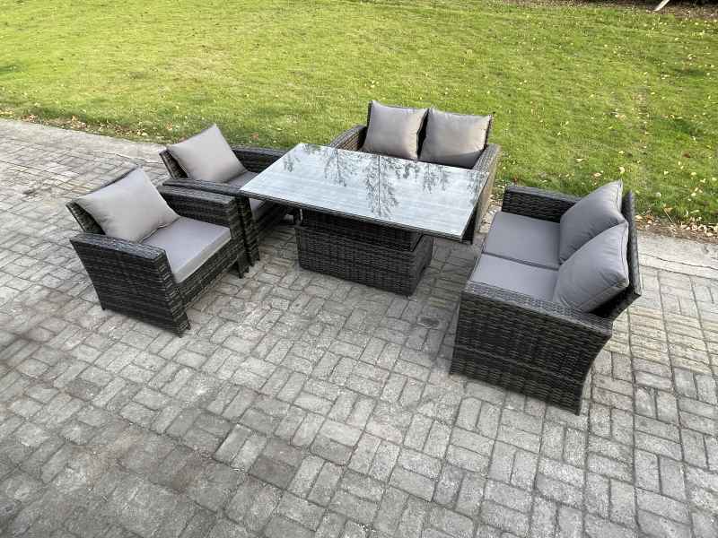 Fimous Rattan Garden Furniture Sets 6 Seater Patio Outdoor Rising Lifting Table Sofa Set with Double Seat Sofa Dark Grey Mixed