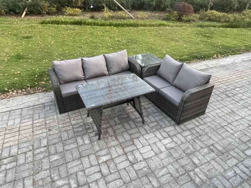 Fimous High Back PE Rattan Sofa Set Outdoor Garden Furniture Dining Table Set Love Sofa 3 Seater Sofa Side Table
