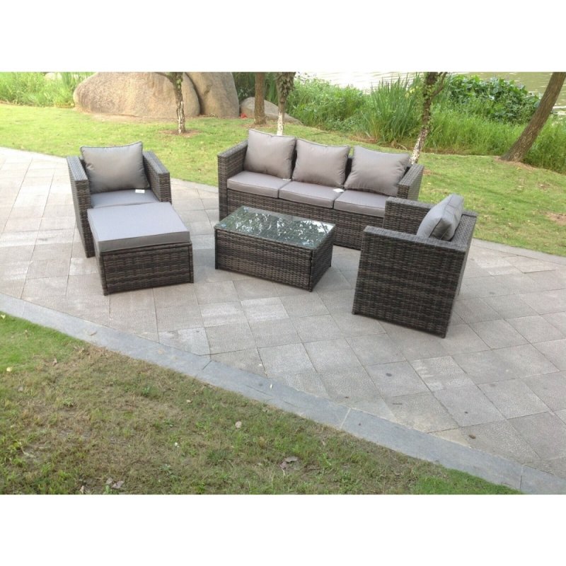 Fimous 6 Seats Rattan Sofa Set Oblong Coffee Table Chair Set Outdoor Garden Furniture In Dark Grey