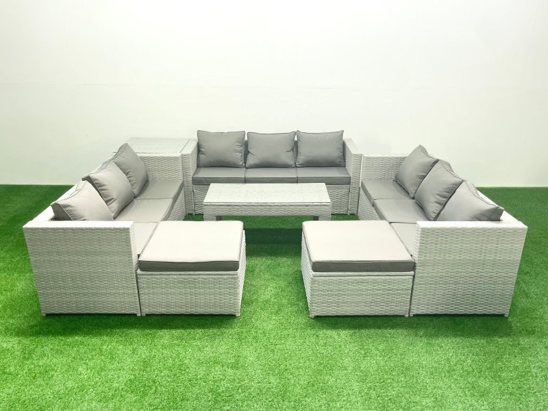 Fimous Rattan Garden Outdoor Furniture Set 11 Seater Garden Sofa Oblong Coffee Table Set with 2 Big Footstools Side Table Light Grey Mixed