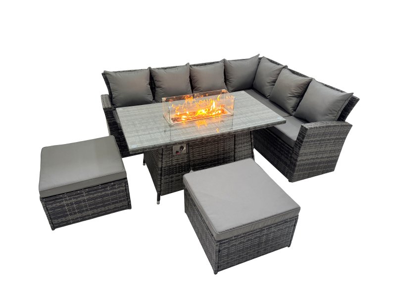 Fimous Outdoor Furniture Garden Dining Set Rattan Corner Sofa Set Gas Fire Pit Table with Temper Glass 2 Big Footstools Dark Grey Mixed