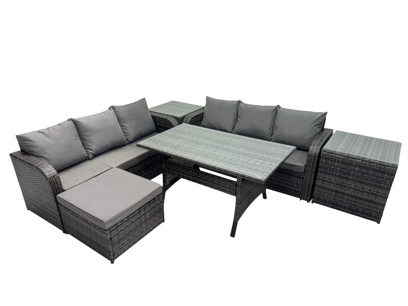 Fimous 7 Seat Outdoor Wicker PE Rattan Garden Furniture Set Dining Table Sofa Set with 2 Side Tables Dark Grey Mixed