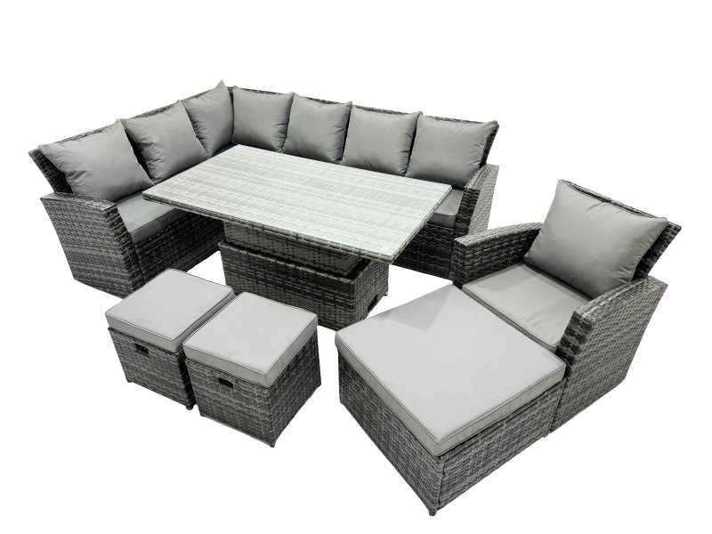 Fimous Poly Rattan Outdoor Patio Height Adjustable Rising Lifting Table Corner Sofa Set with 3 Stools for Garden Backyard Dark Grey Mixed