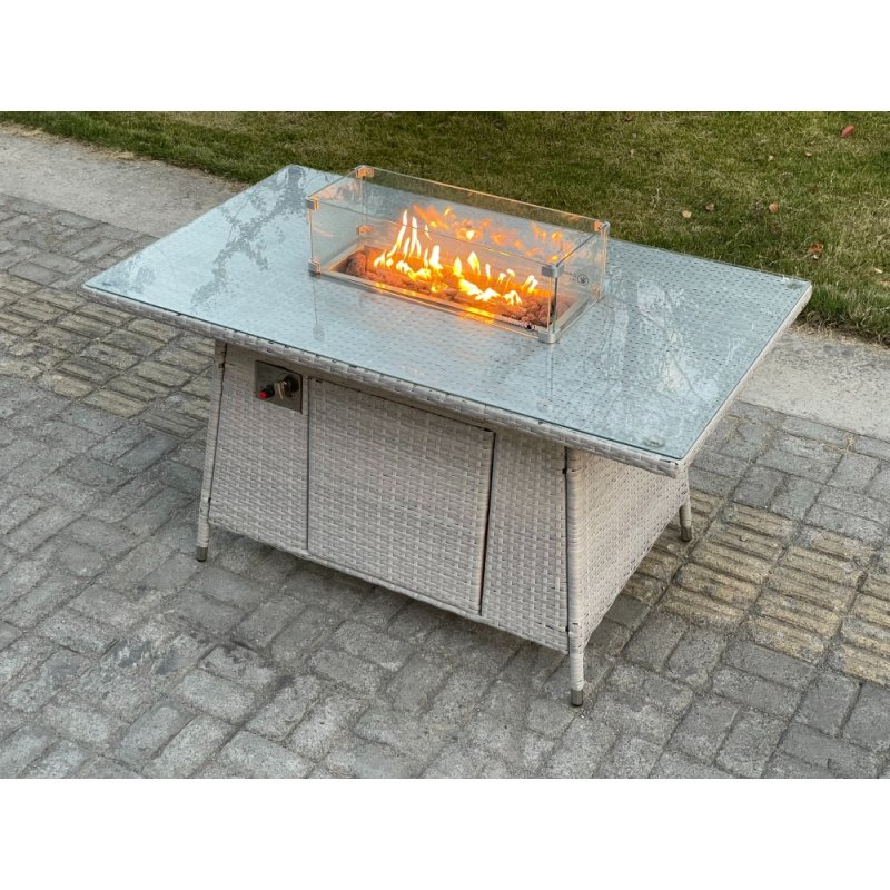 Fimous Light Grey U Shape Lounge Sofa Dining Set With Gas Heater Firepit Dining Table Set Burner With Extra Side Coffee Tea Table
