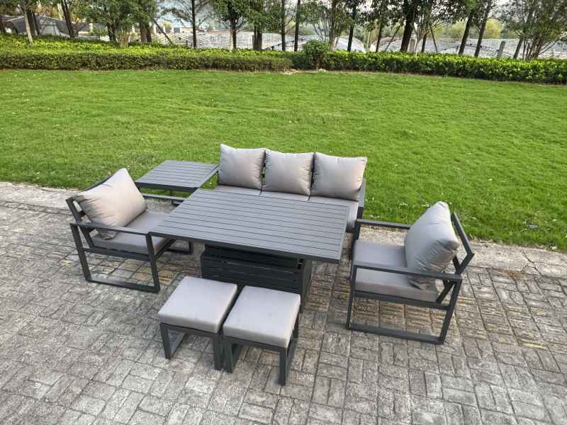 Fimous 6-Piece Aluminium Garden Furniture Sets 7 Seater Outdoor Sofa Set with Adjustable Rising Lifting Dining Table 2 Chairs 2 Small Footstools