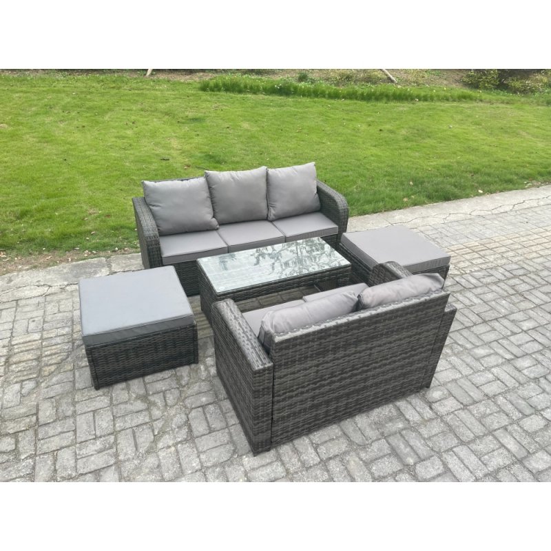 Fimous 7 Seater Outdoor Rattan Garden Furniture Set with Patio Lounge Sofa Set with Rectangular Coffee Table 2 Big Footstool Dark Grey Mixed