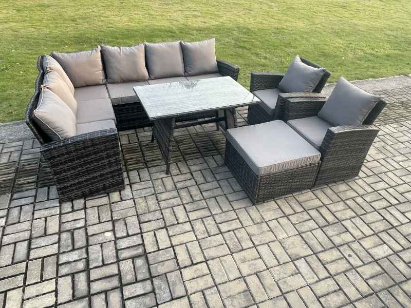 Fimous High Back Outdoor Garden Furniture Set Rattan Corner Sofa Dining Table Set With Big Footstool Armchair Dark Grey Mixed
