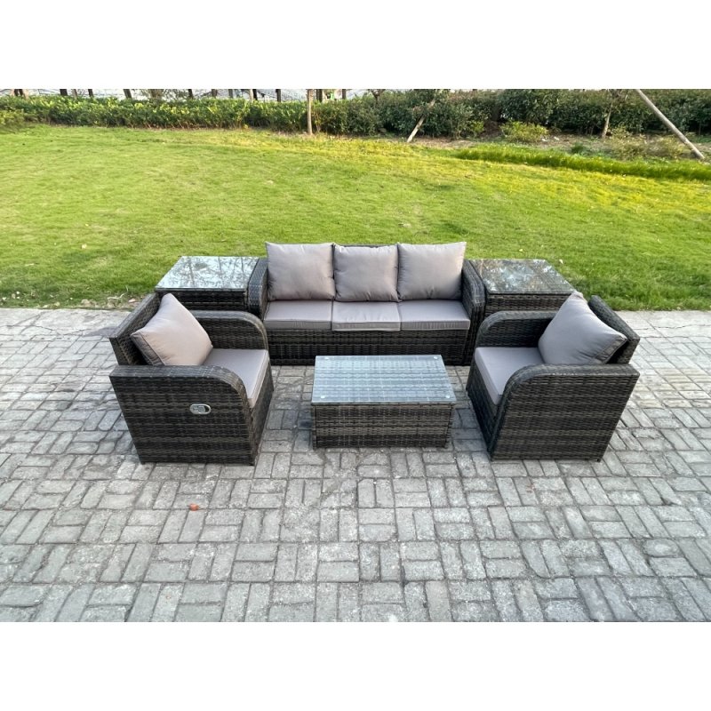 Fimous Outdoor Rattan Garden Furniture Set Patio Lounge Sofa Set with Reclining Chair Rectangular Coffee Table 2 Side Tables Dark Grey Mixed