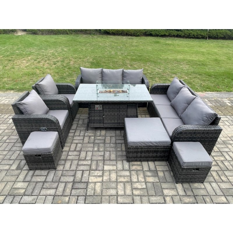 Fimous Wicker PE Rattan Garden Furniture Set Gas Fire Pit Dining Table Indoor Outdoor with Chair Loveseat Sofa 3 Footstools