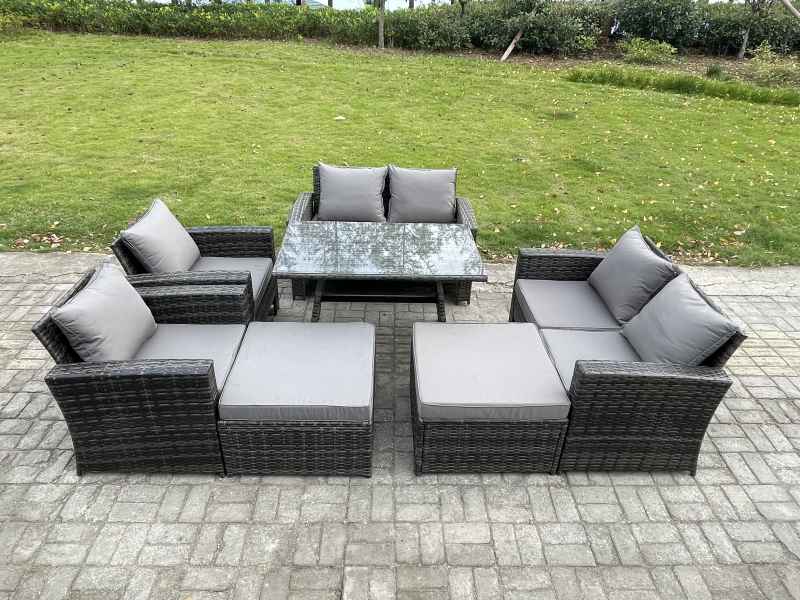Fimous 8 Seater Garden Dining Set Wicker PE Rattan Outdoor Furniture Sofa with Rectangular Dining Table Double Seat Sofa 2 Big Footstool Armchair Dark Grey Mixed