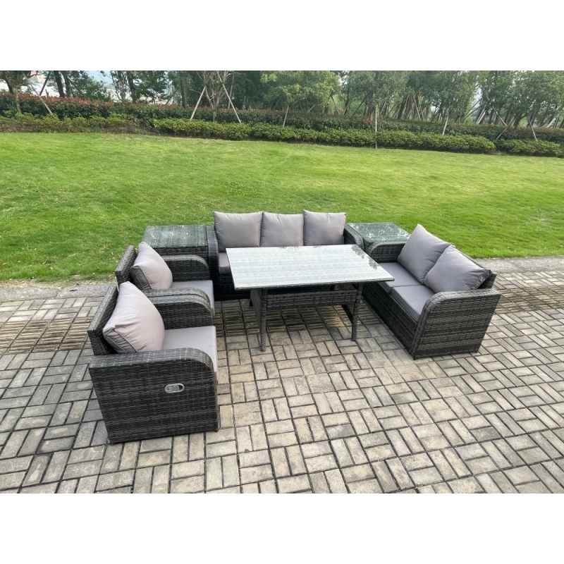 Fimous Dark Grey PE Wicker Rattan Garden Furniture Set Reclining Chair Love Sofa 2 Seater Sofa Set Outdoor Rectangular Dining Table 2 Side Tables 7 Seater