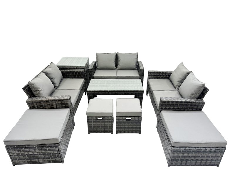 Fimous Outdoor Love Sofa Set 10 Seat Rattan Garden Furniture Set with Oblong Coffee Table 4 Stools Side Table Dark Grey Mixed