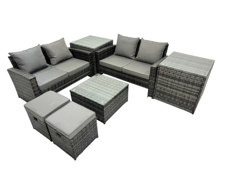Fimous PE Rattan Garden Furniture Set Lounge Double Seat Sofa Coffee Table Set with 2 Side Tables 2 Small Stools Dark Grey Mixed