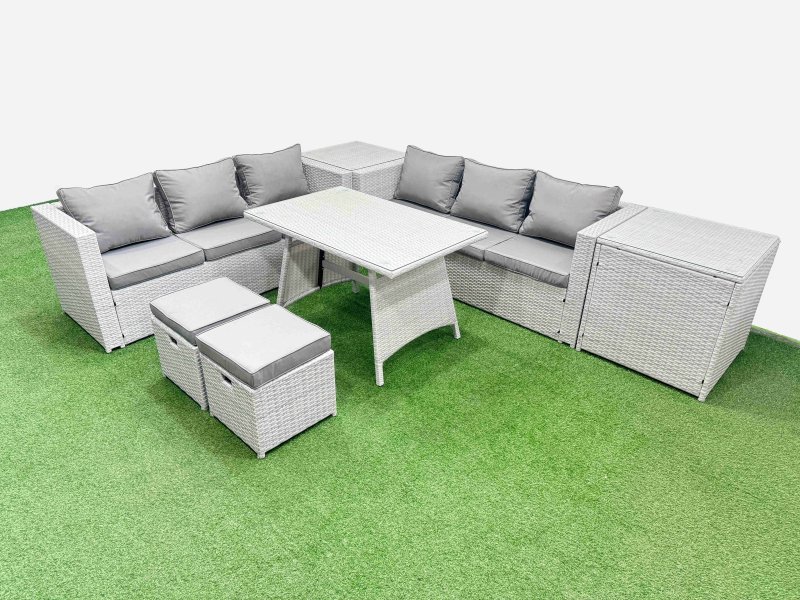 Fimous Rattan Garden Furniture Dining Set 8-seater Patio Rectangular Table 3 Seater Sofa Set with 2 Side Tables 2 Small Stools Light Grey