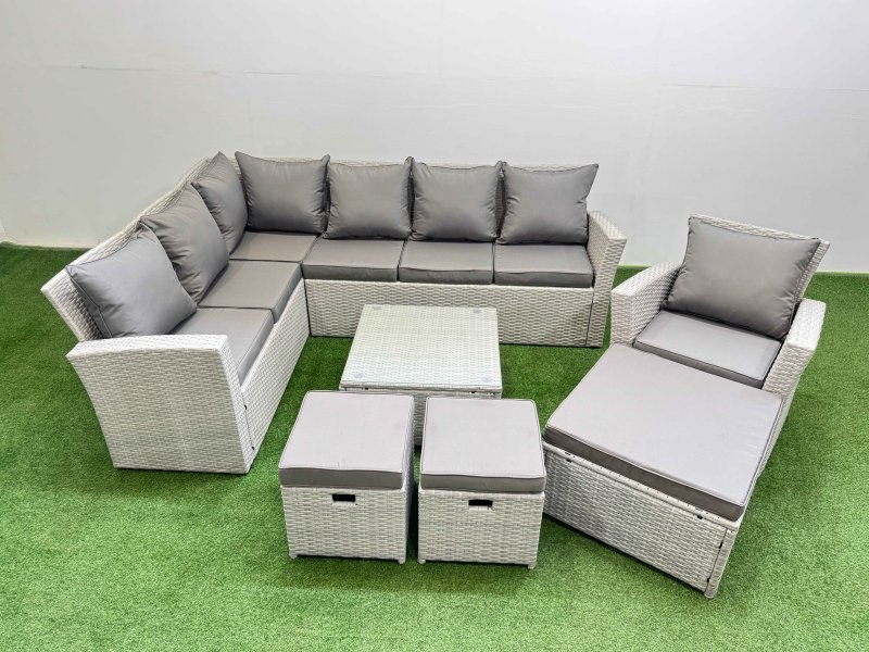 Fimous Outdoor Rattan Garden Furniture Set 10 Seater Corner Sofa Sets with Square Coffee Table Chair 3 Footstools Light Grey Mixed