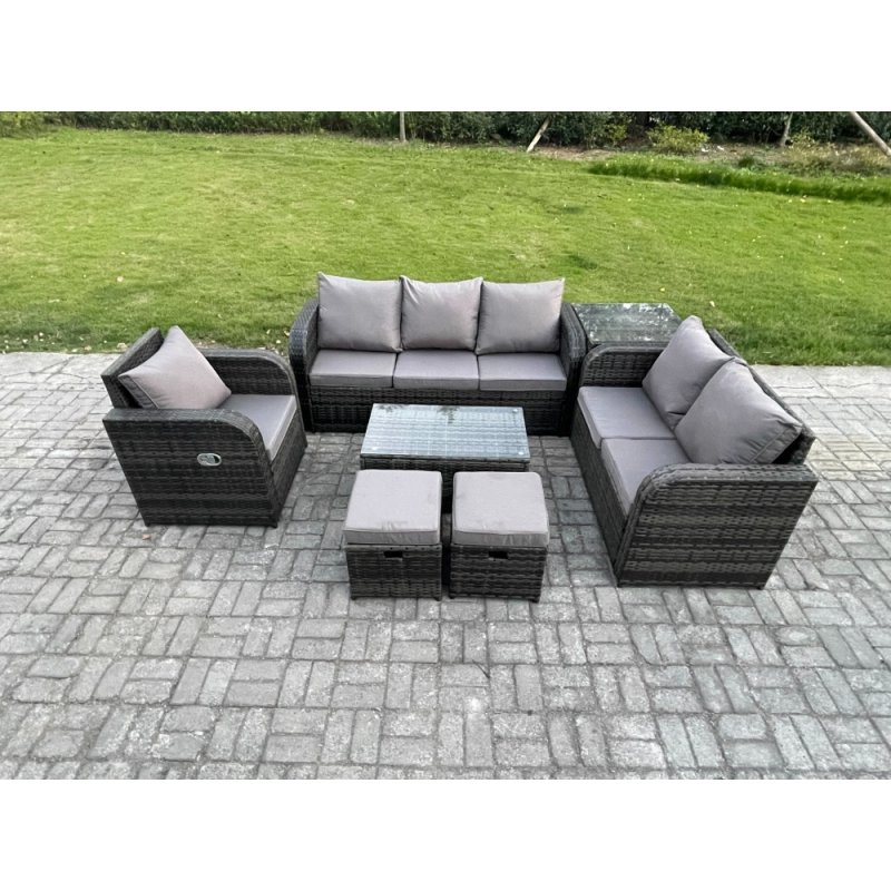 Fimous Patio Garden Furniture Sets Wicker 8 Seater Outdoor Rattan Furniture Sofa Sets with Rectangular Coffee Table Reclining Chair 3 Seater Sofa Side Table