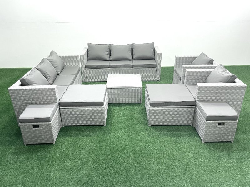Fimous Garden Outdoor Furniture Set 12 Seater Rattan Sofa Set with 4 Footstools Light Grey Mixed