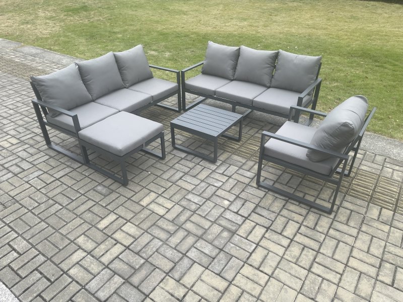 Fimous Aluminium 8 Seater Outdoor Garden Furniture Lounge Sofa Set with Square Coffee Table Chair Big Footstool Dark Grey