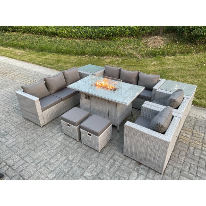 Fimous Light Grey Rattan Fire Pit Garden Furniture Set Gas Heater Burner Lounge Sofa Dining Set 2 Coffee Table Chairs Stools