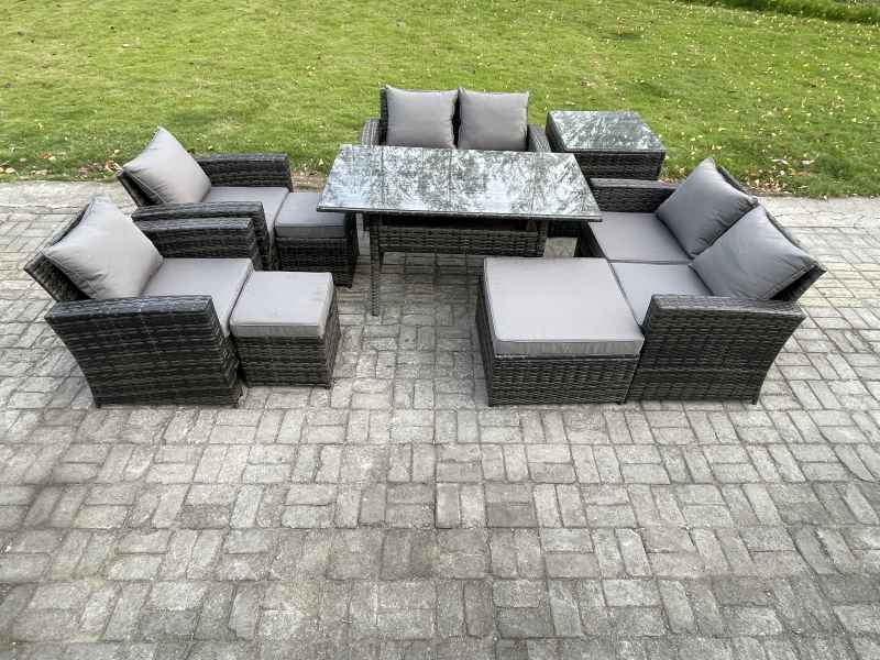 Fimous Garden Furniture Sets 9 Pieces Rattan Furniture Handmade Wicker Patio Sofa Set with 3 Footstools Side Table Dark Grey Mixed