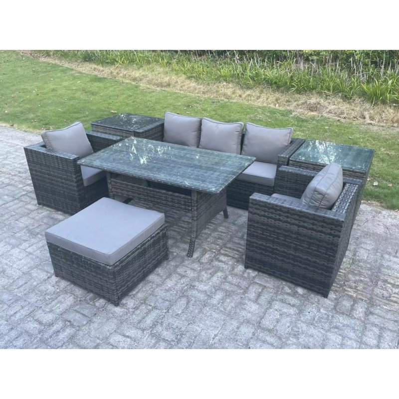 Fimous 6 Seater Rattan Garden Furniture Set Patio Outdoor Rectangular Dining Table Lounge Sofa Chair with 2 Side Table Stool Dark Grey Mixed