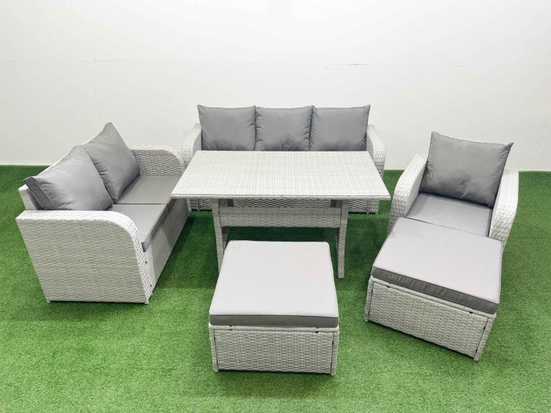 Fimous Patio PE Wicker 8 Seater Outdoor Rattan Furniture Sofa Sets with Rectangular Dining Table Reclining Chair Loveseat Sofa 3 Seater Sofa 2 Big Footstools Light Grey