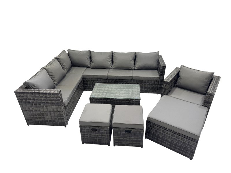 Fimous Outdoor Rattan Rectangular Coffee Table Corner Sofa Sets Garden Furniture Set with 2 Small Stools Dark Grey Mixed