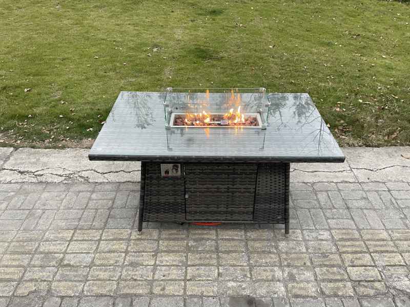 Fimous Rattan Garden Furniture High Back Corner Sofa Gas Fire Pit Dining Table Sets Gas Heater with Armchair 7 Seater Dark Grey Mixed