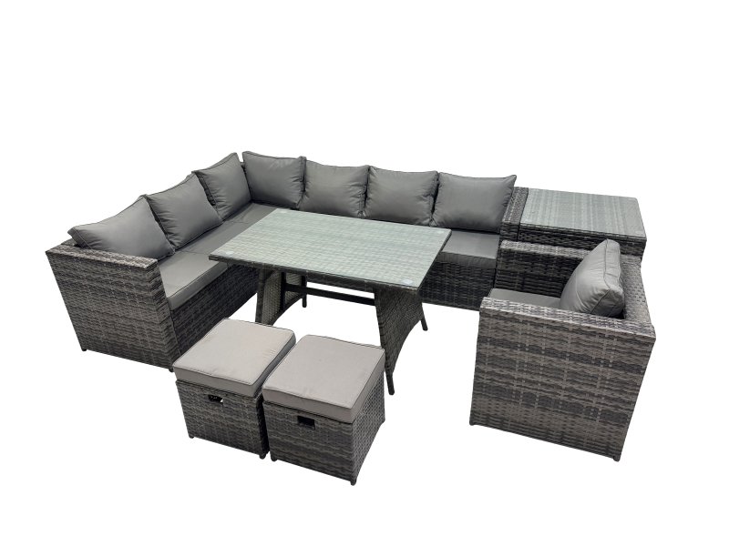 Fimous 9-seater Outdoor PE Rattan Sofa Set with Dining Table Patio Garden Furniture Sets with Chair 2 Small Stools Dark Grey Mixed