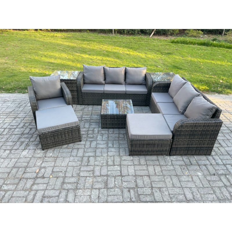 Fimous 9 Seater Outdoor Rattan Garden Furniture Set Conservatory Patio Sofa Coffee Table With Reclining Chair 2 Big Footstool 2 Side Tables Dark Grey Mixed