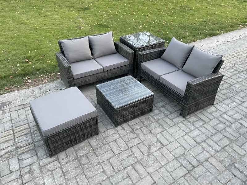 Fimous Rattan Garden Furniture Set 5 piece Patio Rattan Furniture Sofa Weaving Wicker includes 2 Double Seat Sofa, Coffee Table, Big Footstool and Side Table