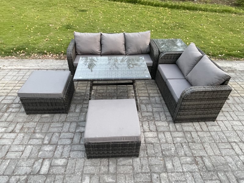 Fimous Rattan Garden Furniture Dining Set 7 seater Patio Rectangular Table 2 Big Footstool Love Sofa Side Table Dark Grey Mixed