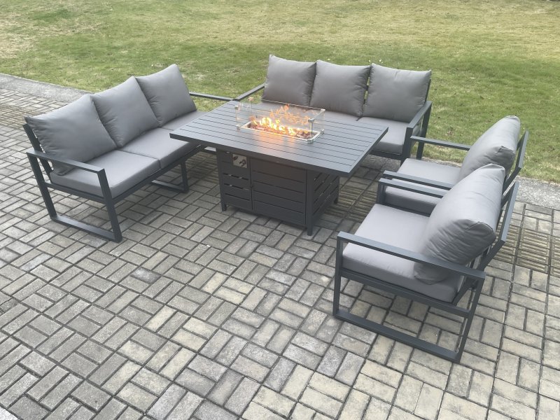 Fimous Aluminium 5 Pieces Garden Furniture Sofa Set with Cushions 8 Seater Gas Fire Pit Dining Table Set Dark Grey