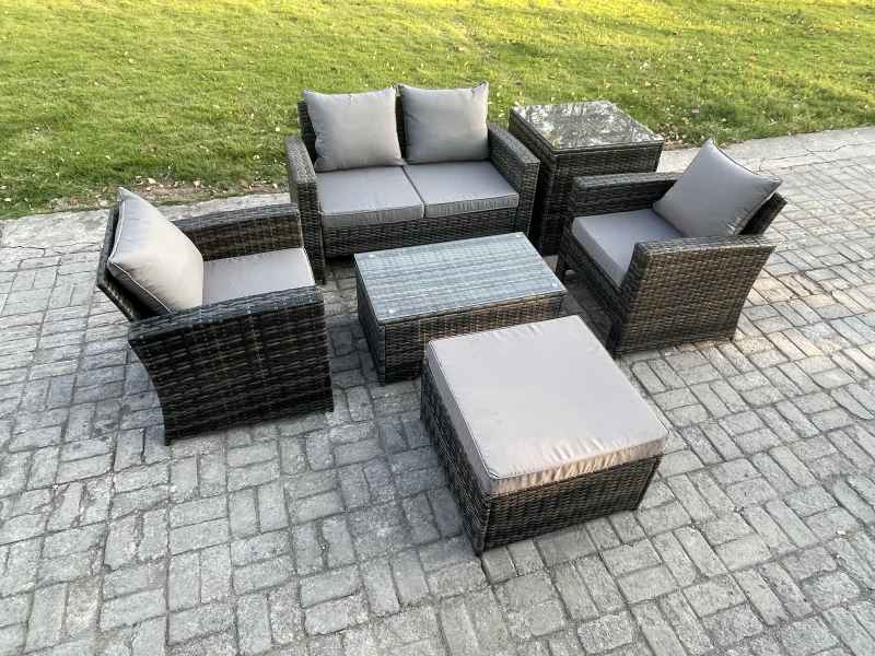 Fimous Outdoor Lounge Sofa Set Wicker PE Rattan Garden Furniture Set with Rectangular Coffee Table Double Seat Sofa Big Footstool Side Table Dark Grey Mixed