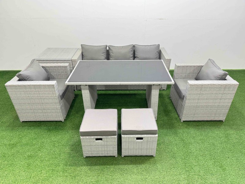 Fimous Patio Garden Furniture Sets with Black Glass Top Dining Table Armchair 3 Seater Sofa Side Table 2 Small Stool Light Grey