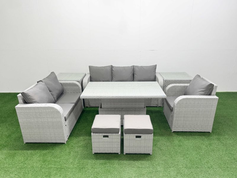 Fimous Patio PE Wicker 8 Seater Outdoor Rattan Furniture Sofa Sets with Adjustable Lifting Dining or Coffee Table Reclining Chair Loveseat Sofa 3 Seater Sofa Stool 2 Side Table Light Grey