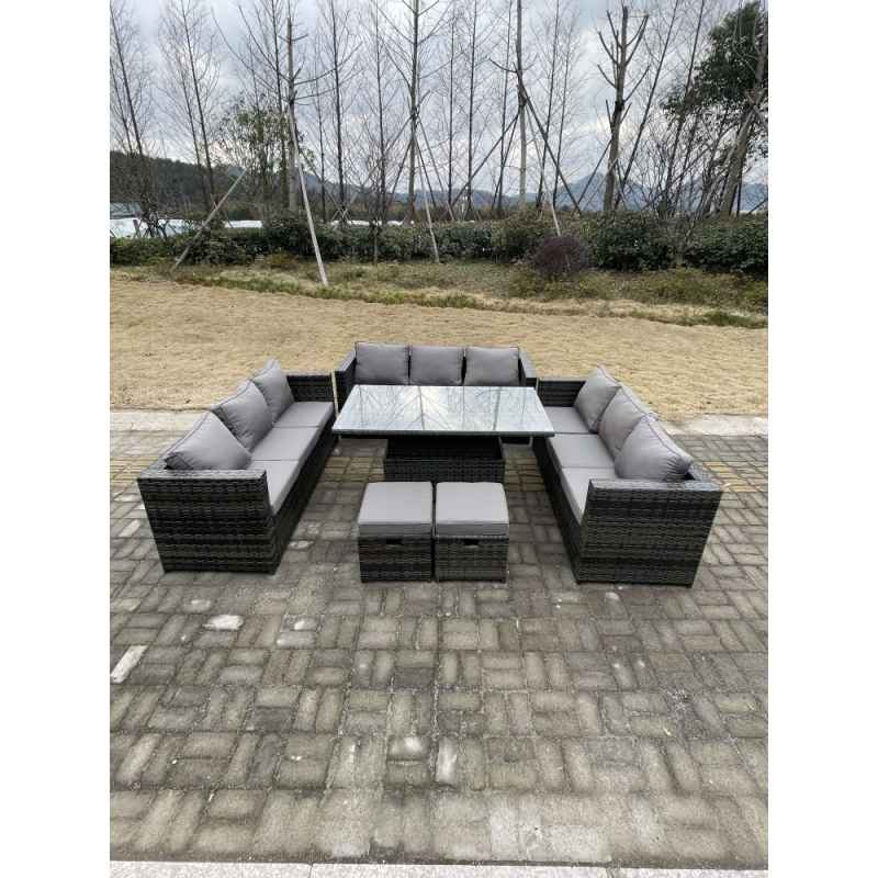 Fimous U Shape?Outdoor Rattan Garden Furniture Sofa Set Lounge Adjustable Rising Lifting Tables Footstool Dark Grey Mixed
