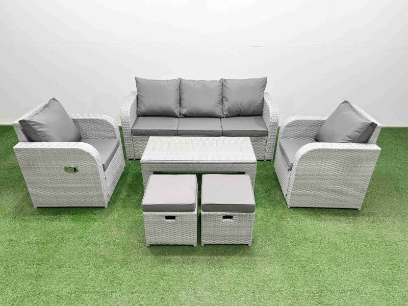 Fimous PE Rattan Garden Furniture Set Reclining Chair Sofa Lounge Sofa Set Rectangular Coffee Table 2 Small Stools Light Grey